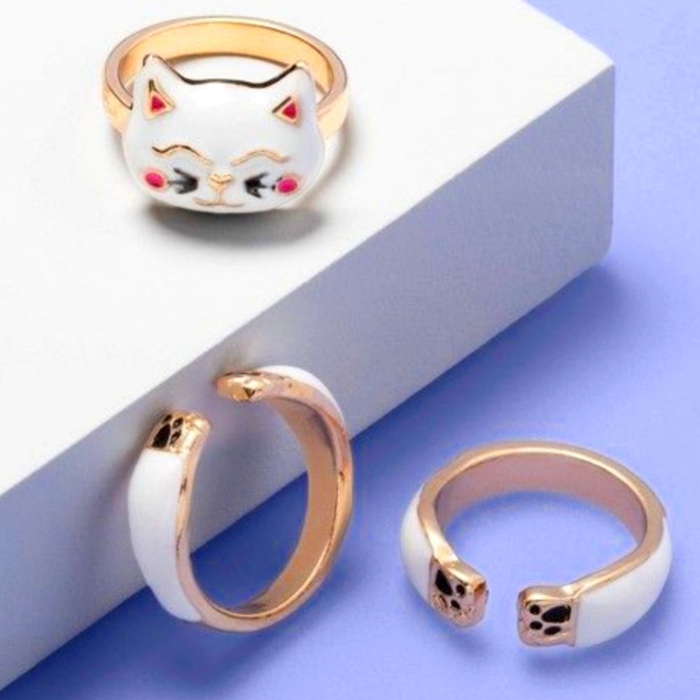NWOT More Than Magic Kid's 3-pc Cat Ring Set: WHITE/GOLD!
